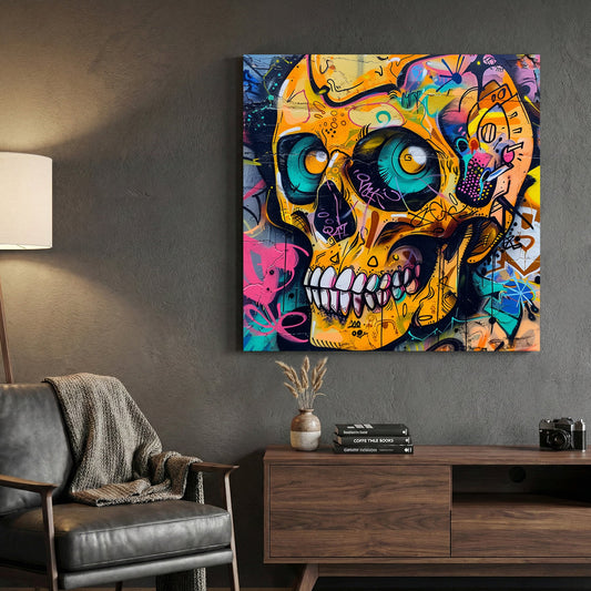 Skull graffiti street art wall art print with bold colours