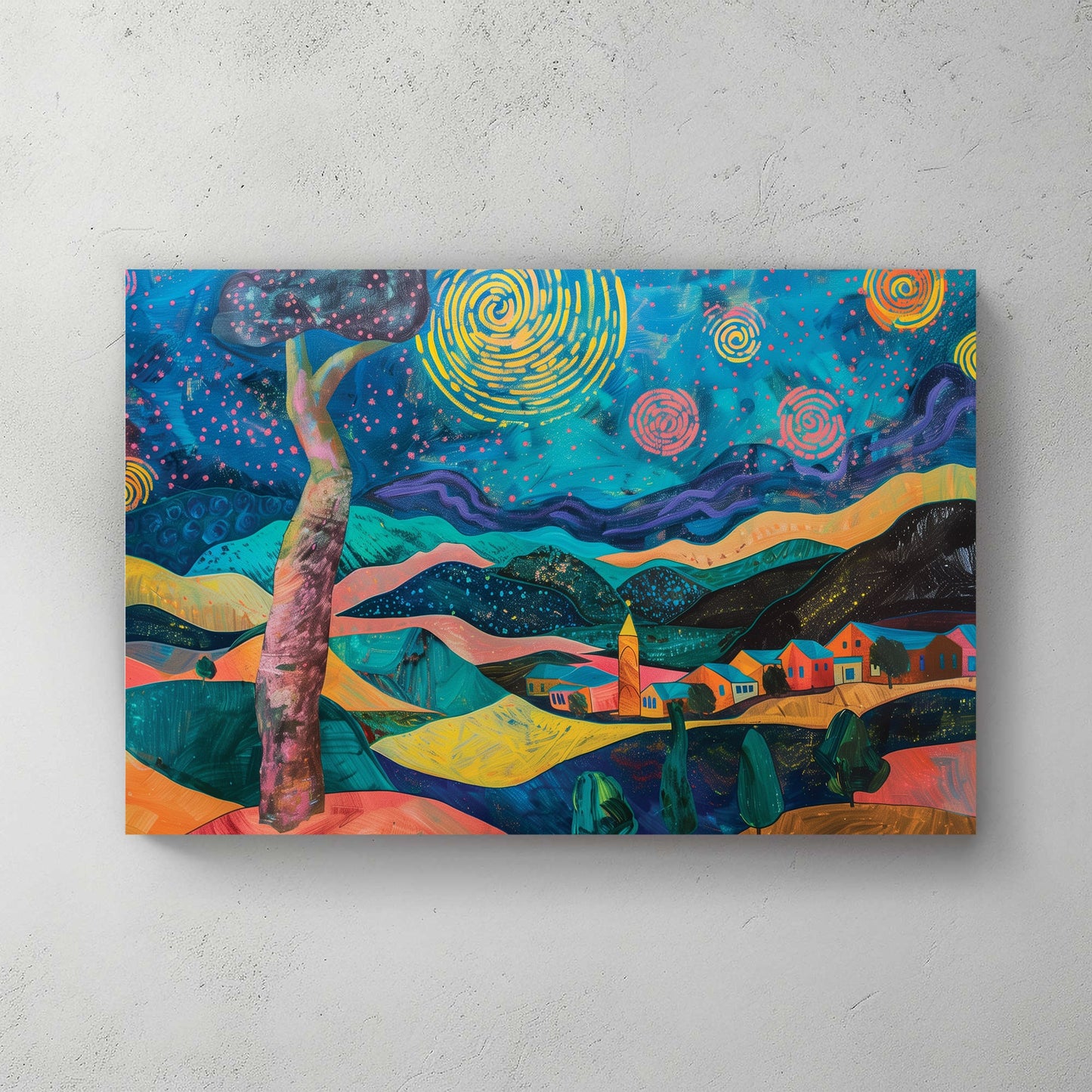 Starry night landscape illustration whimsical wall art print