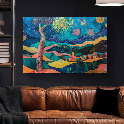 Starry night landscape illustration whimsical wall art print