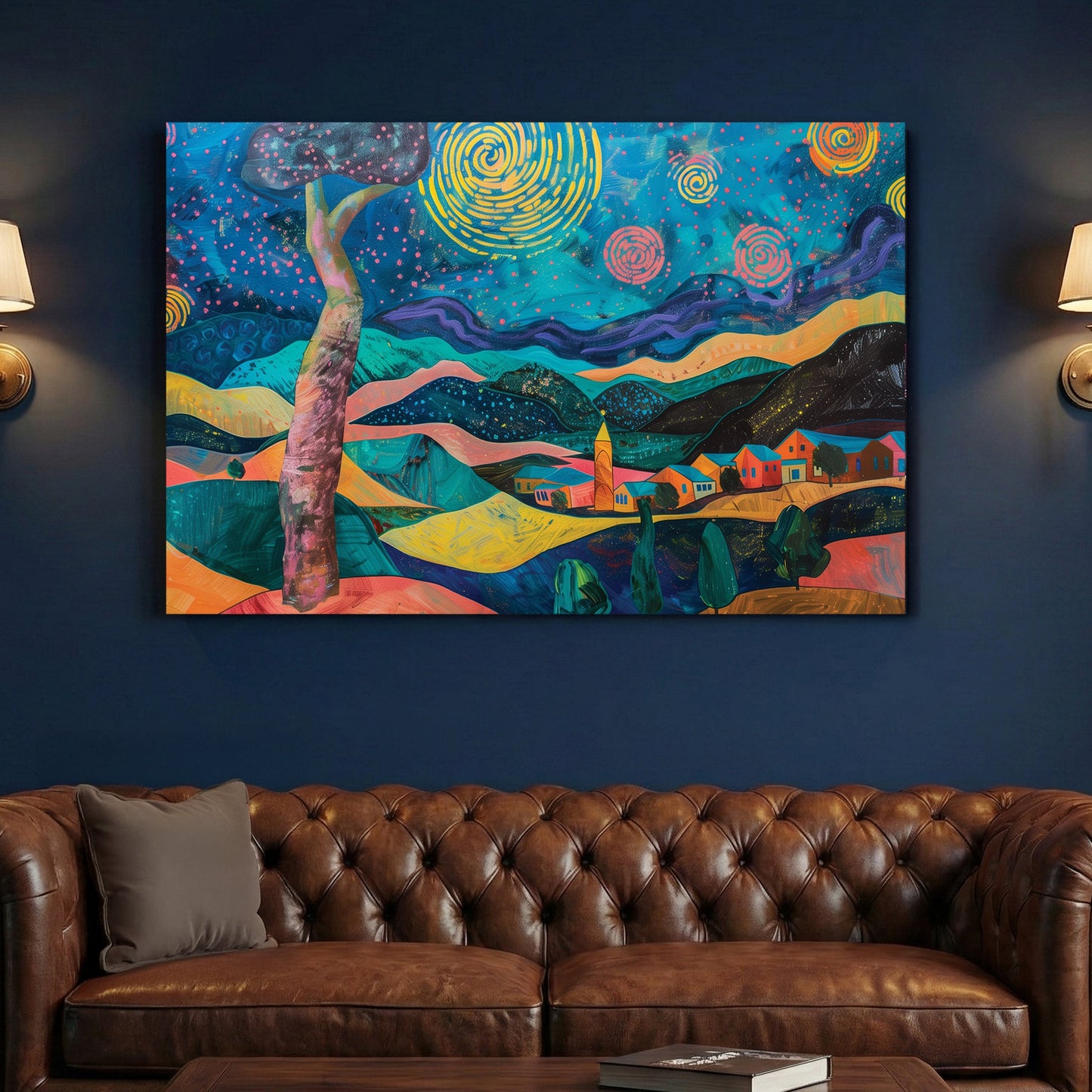 Starry night landscape illustration whimsical wall art print