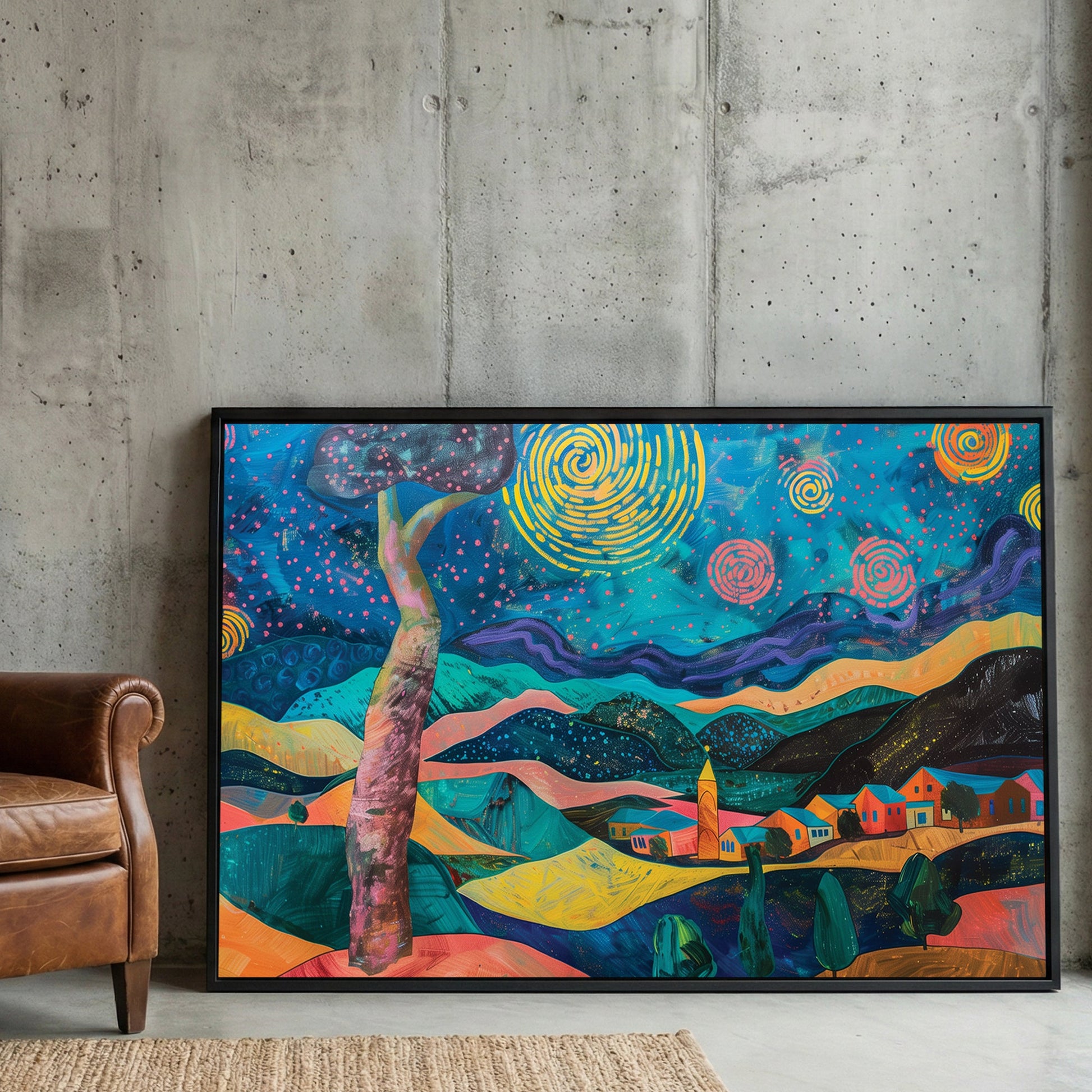 Starry night landscape illustration whimsical wall art print