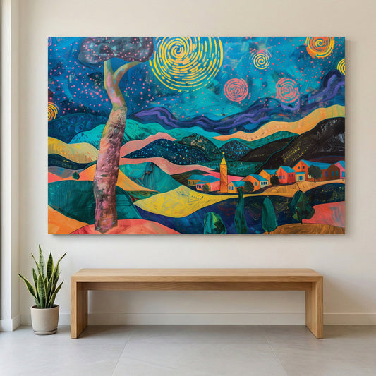 Starry night landscape illustration whimsical wall art print