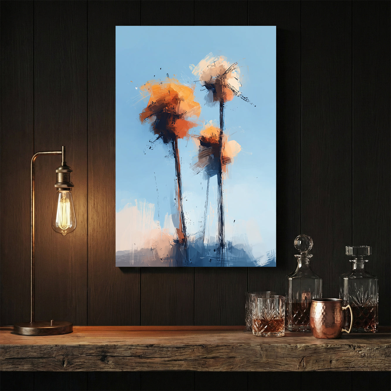 Watercolour palm trees in orange and cream tones