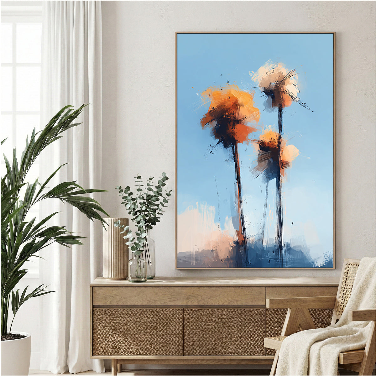 Watercolour palm trees in orange and cream tones