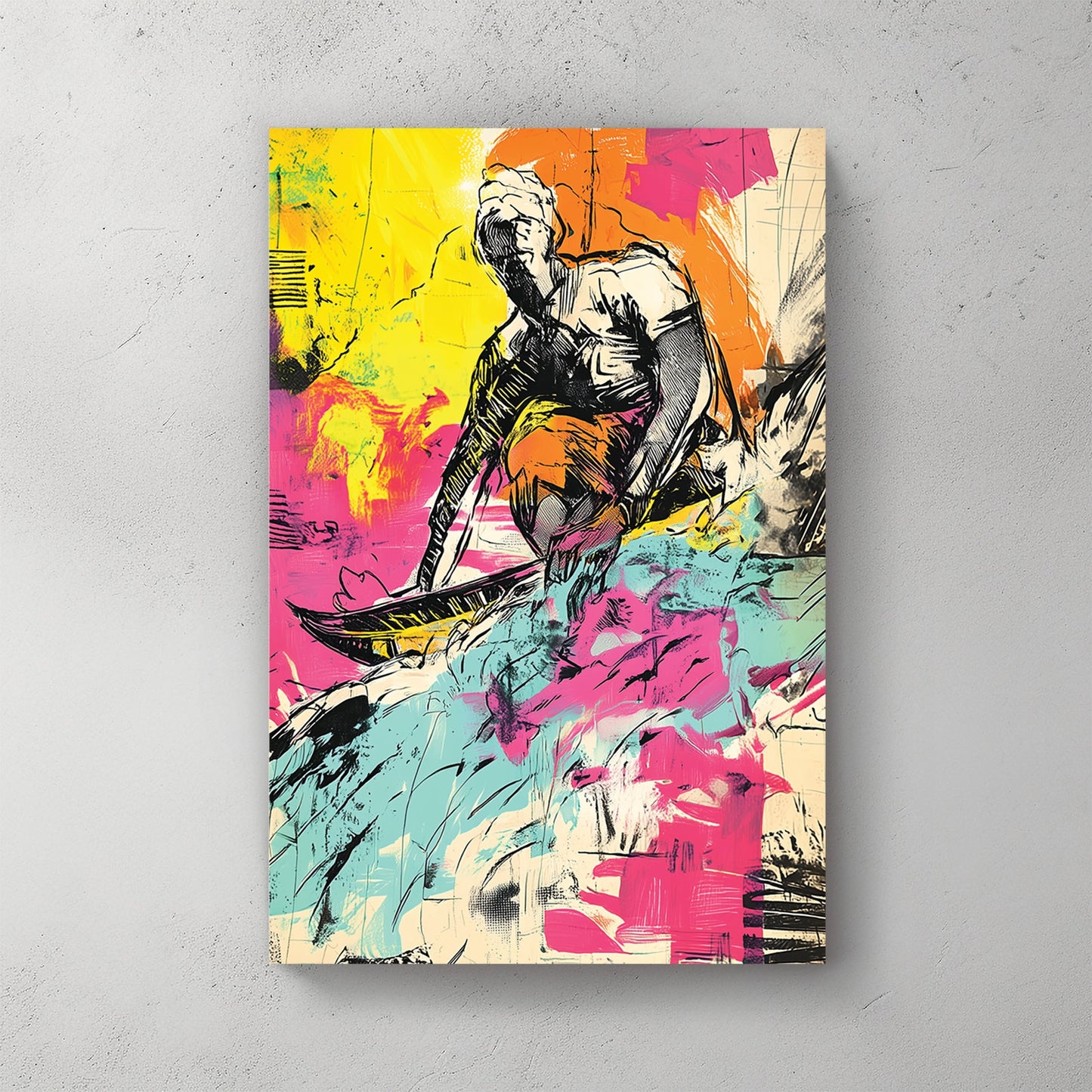 Surfer graffiti wall art print with bold colours and sketch lines