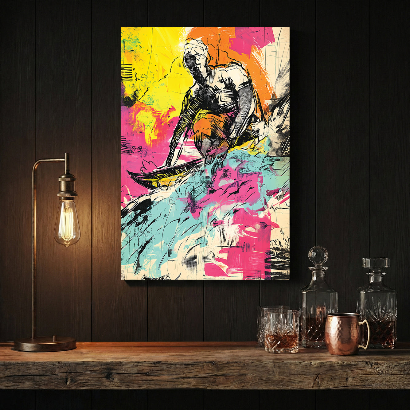 Surfer graffiti wall art print with bold colours and sketch lines