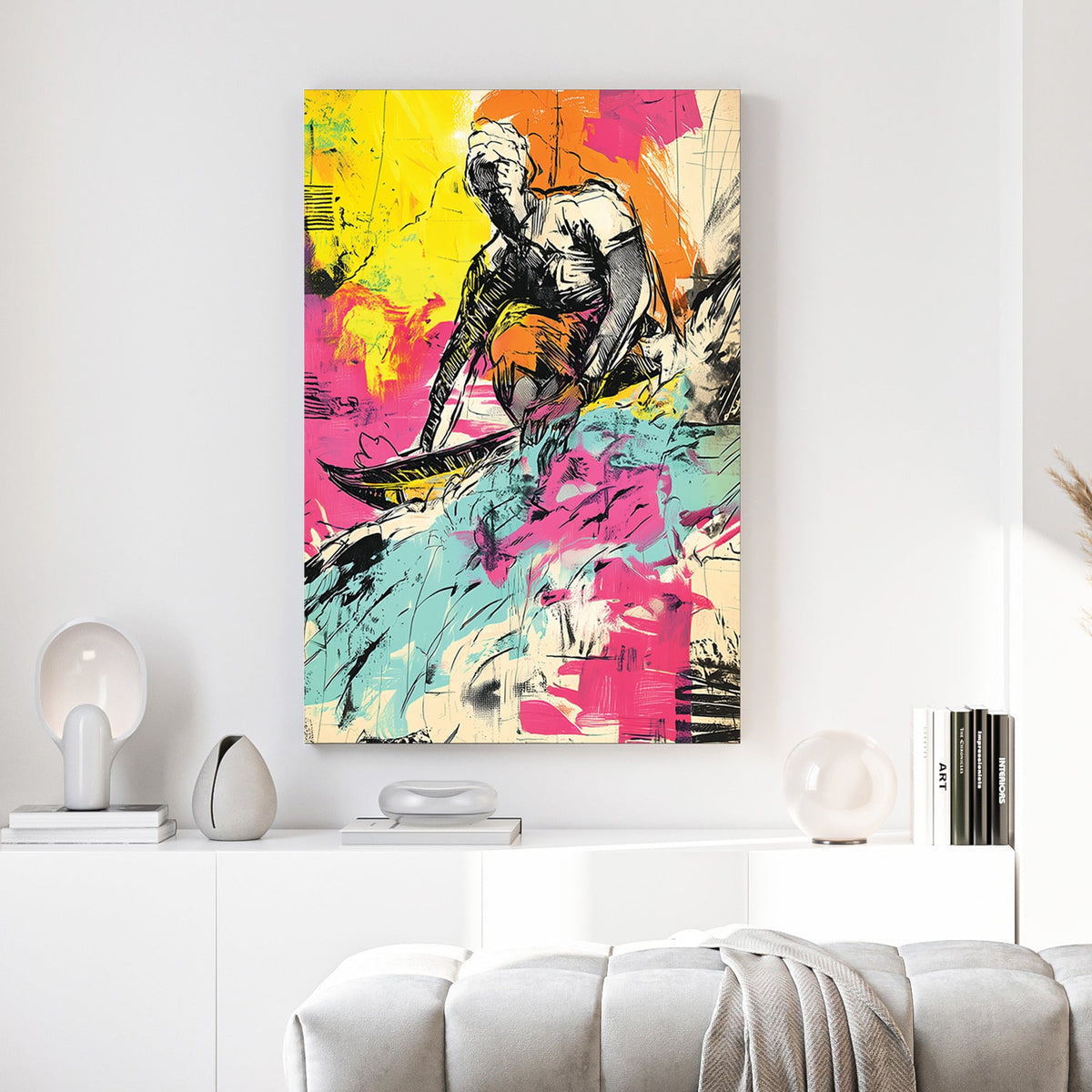 Surfer graffiti wall art print with bold colours and sketch lines