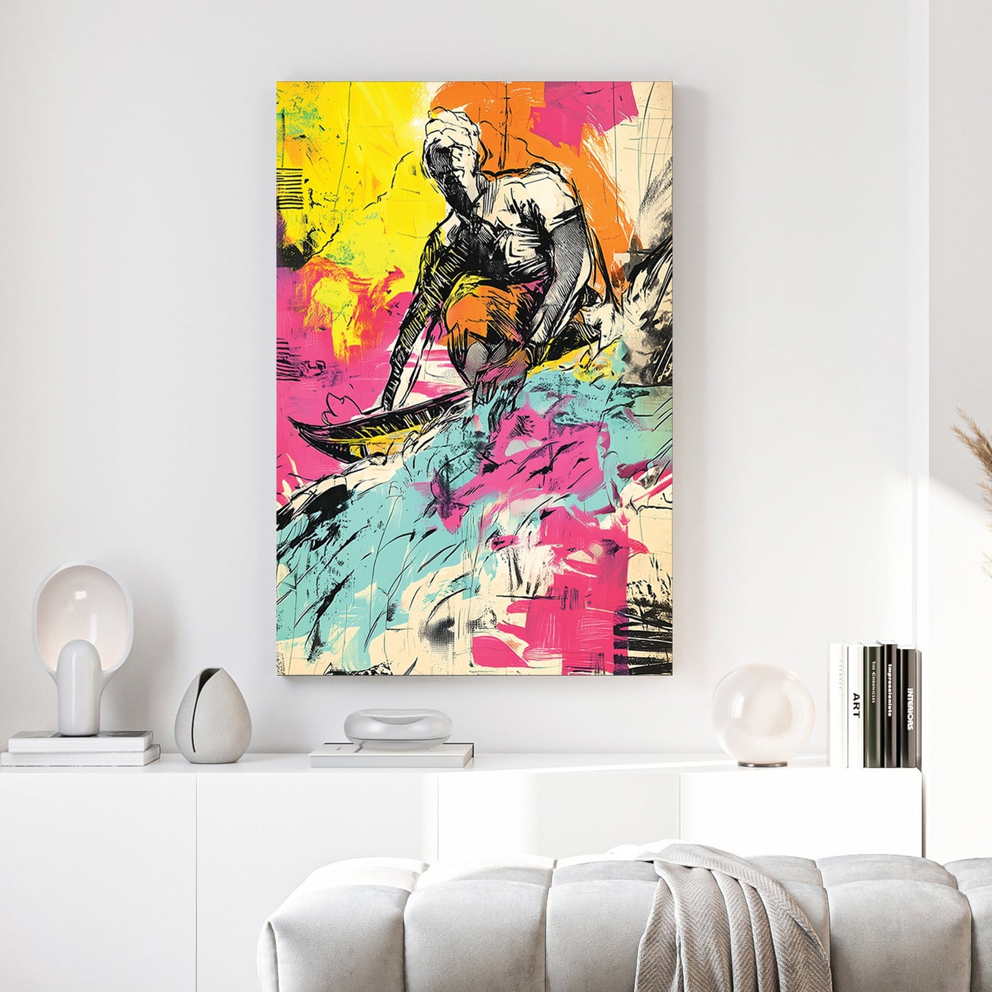 Surfer graffiti wall art print with bold colours and sketch lines