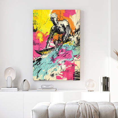 Surfer graffiti wall art print with bold colours and sketch lines