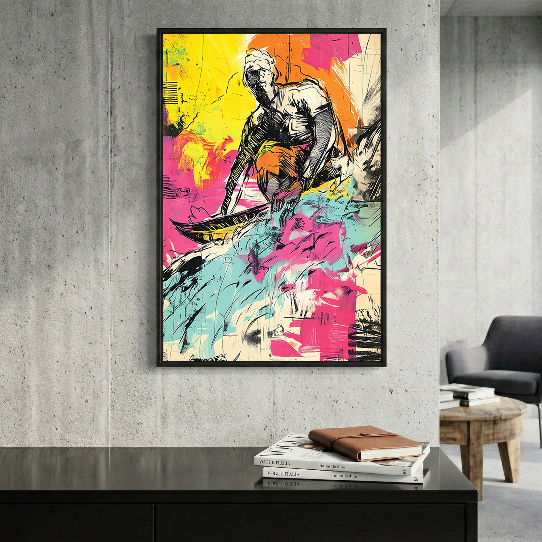 Surfer graffiti wall art print with bold colours and sketch lines