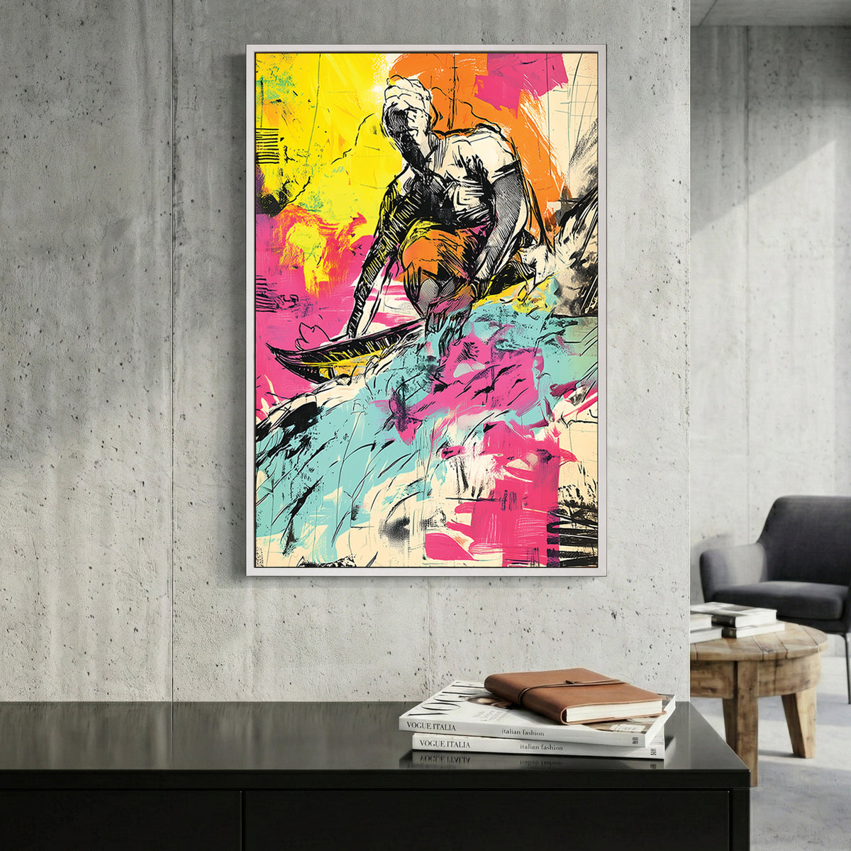 Surfer graffiti wall art print with bold colours and sketch lines