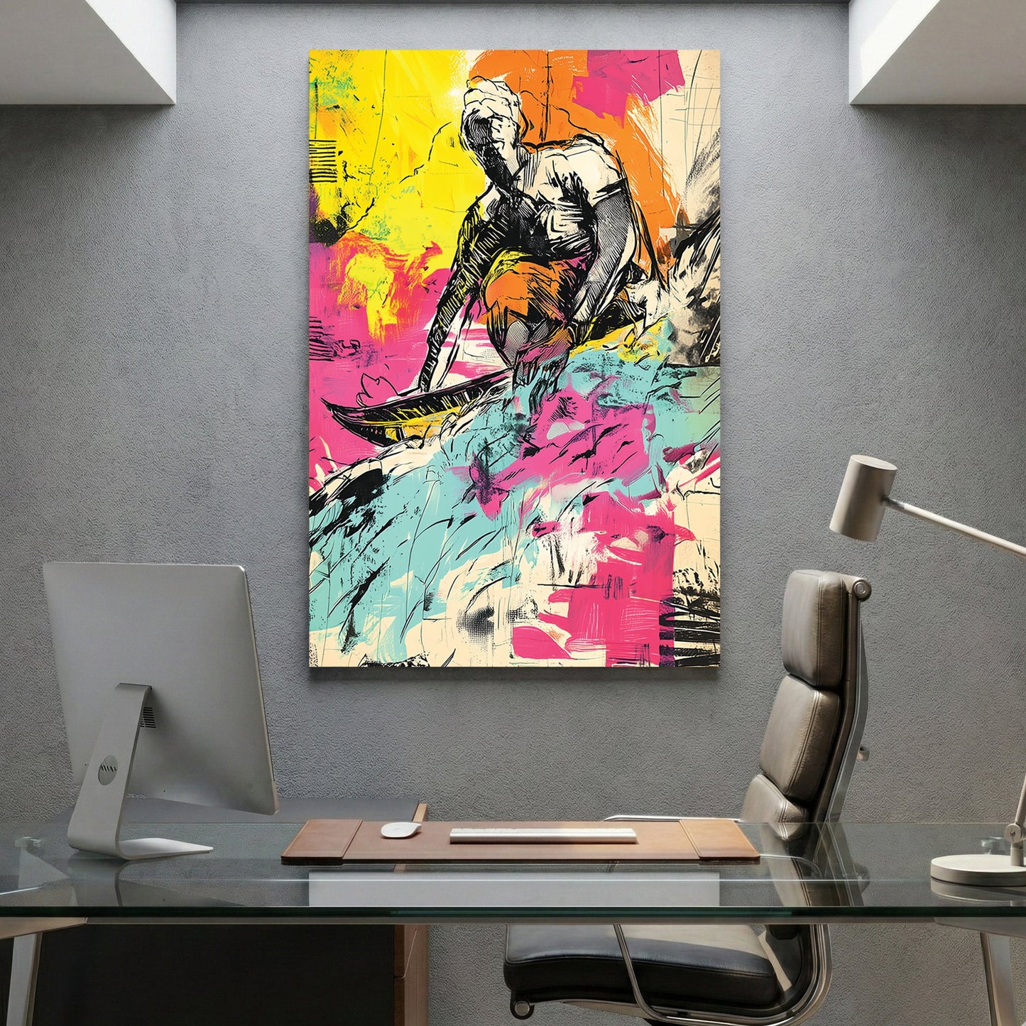 Surfer graffiti wall art print with bold colours and sketch lines
