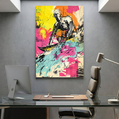 Surfer graffiti wall art print with bold colours and sketch lines