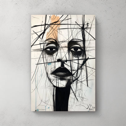 Minimalist portrait sketch with black lines and orange accents