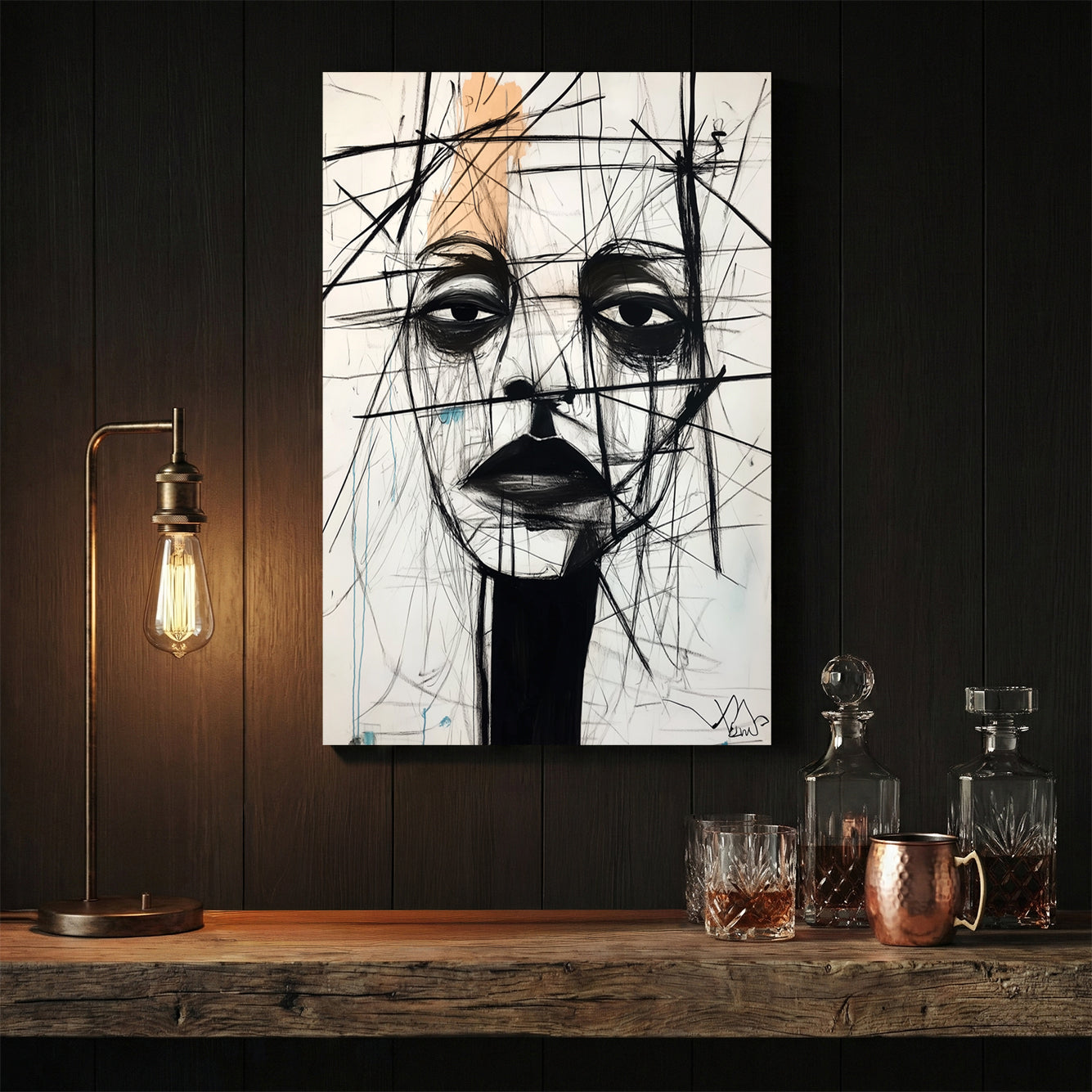 Minimalist portrait sketch with black lines and orange accents