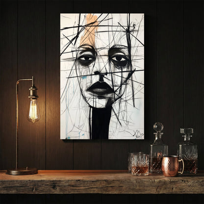 Minimalist portrait sketch with black lines and orange accents