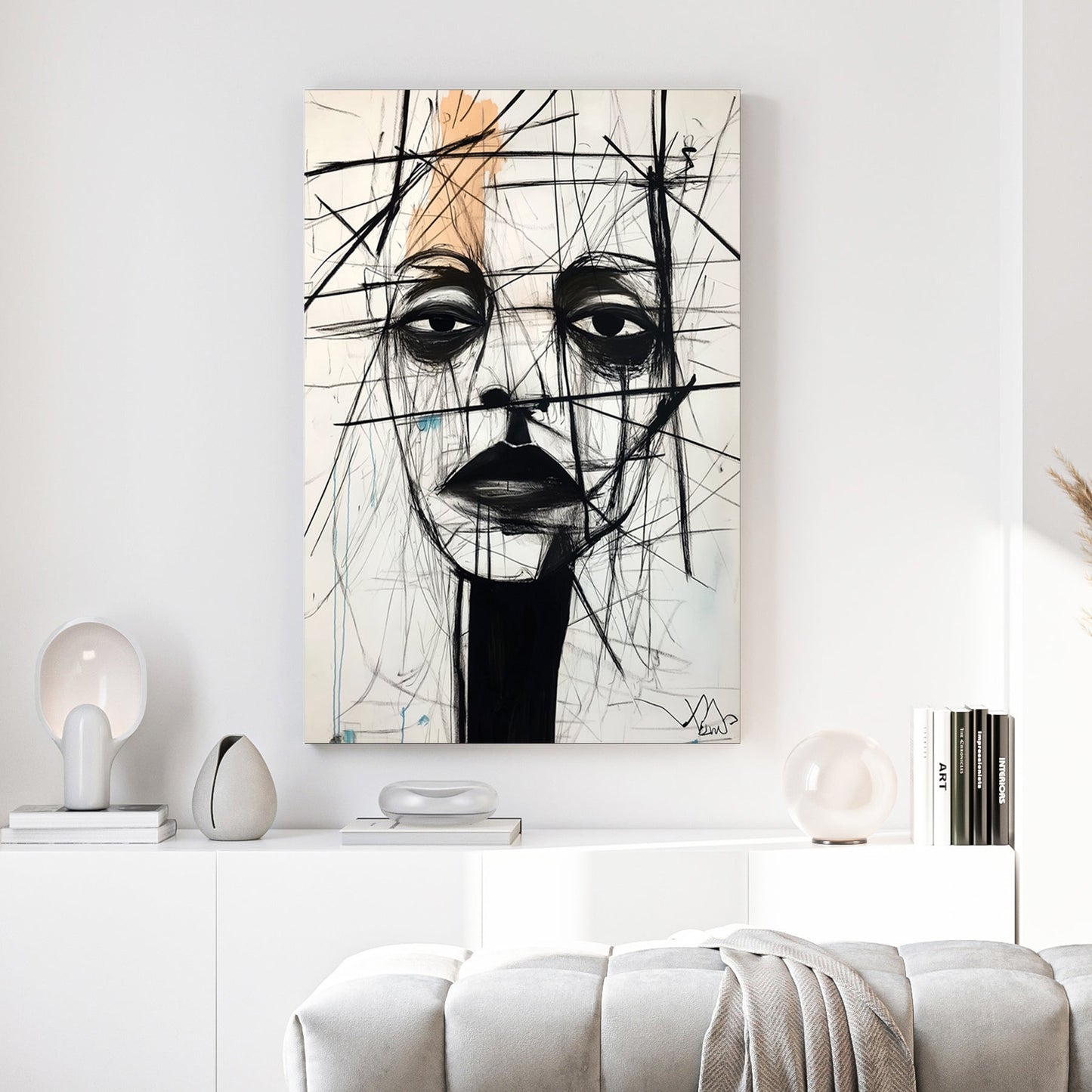 Minimalist portrait sketch with black lines and orange accents