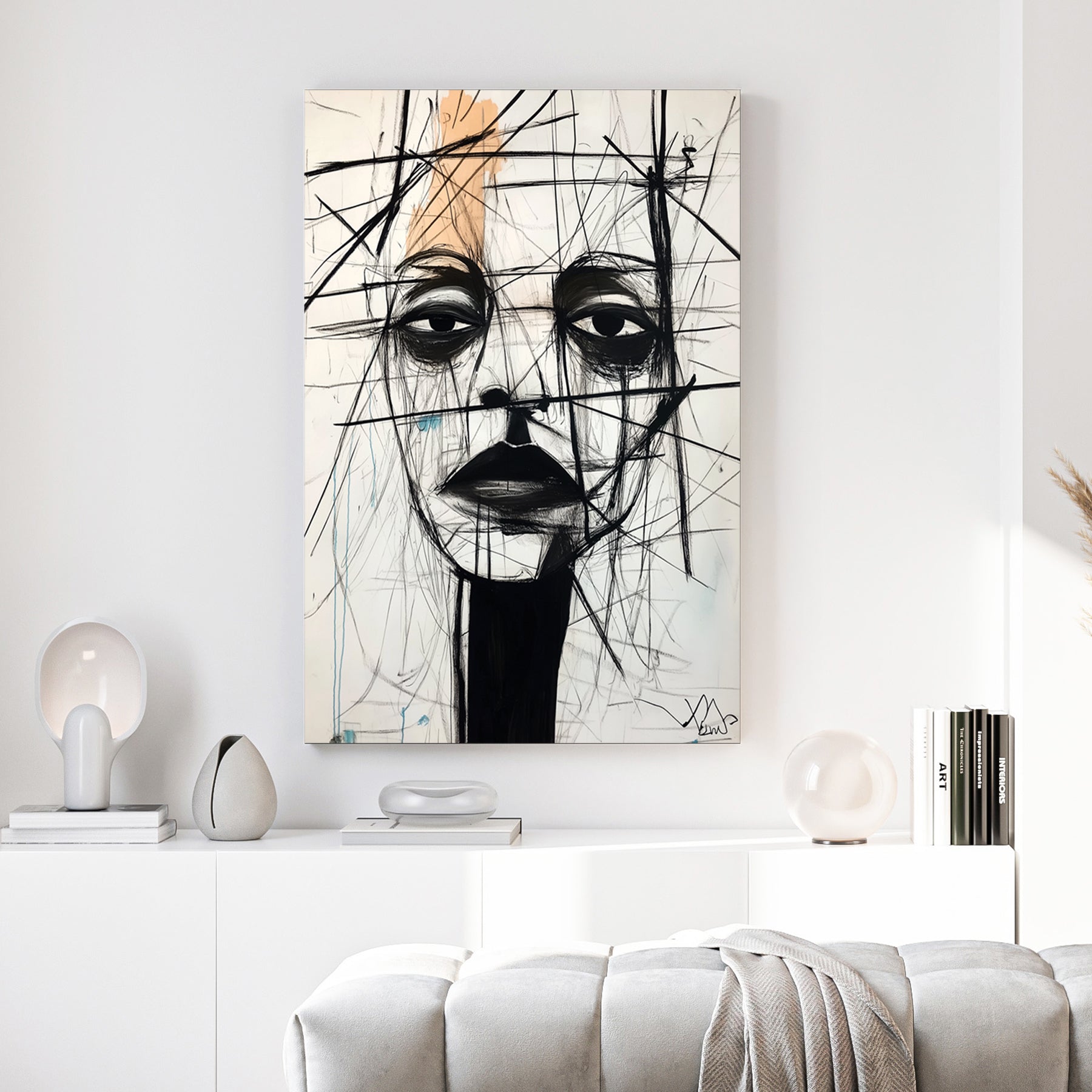 Minimalist portrait sketch with black lines and orange accents