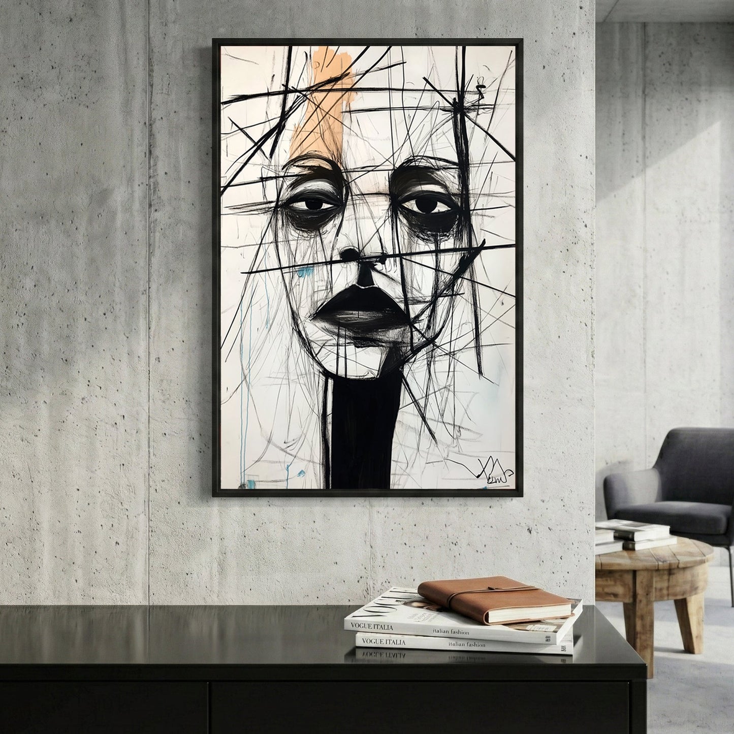 Minimalist portrait sketch with black lines and orange accents