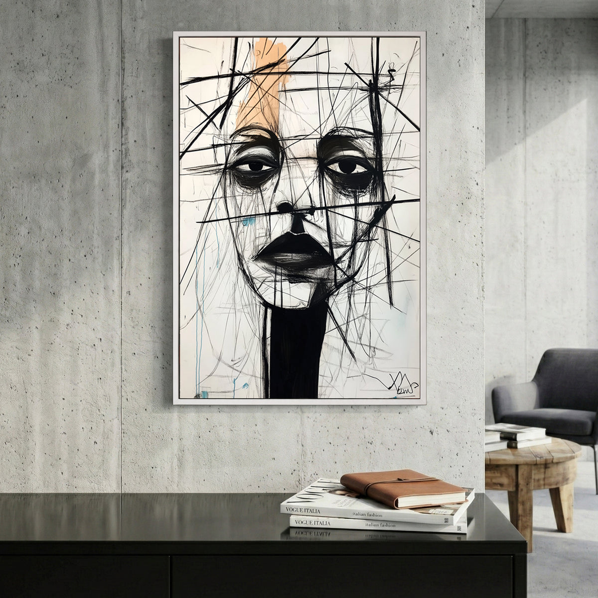 Minimalist portrait sketch with black lines and orange accents