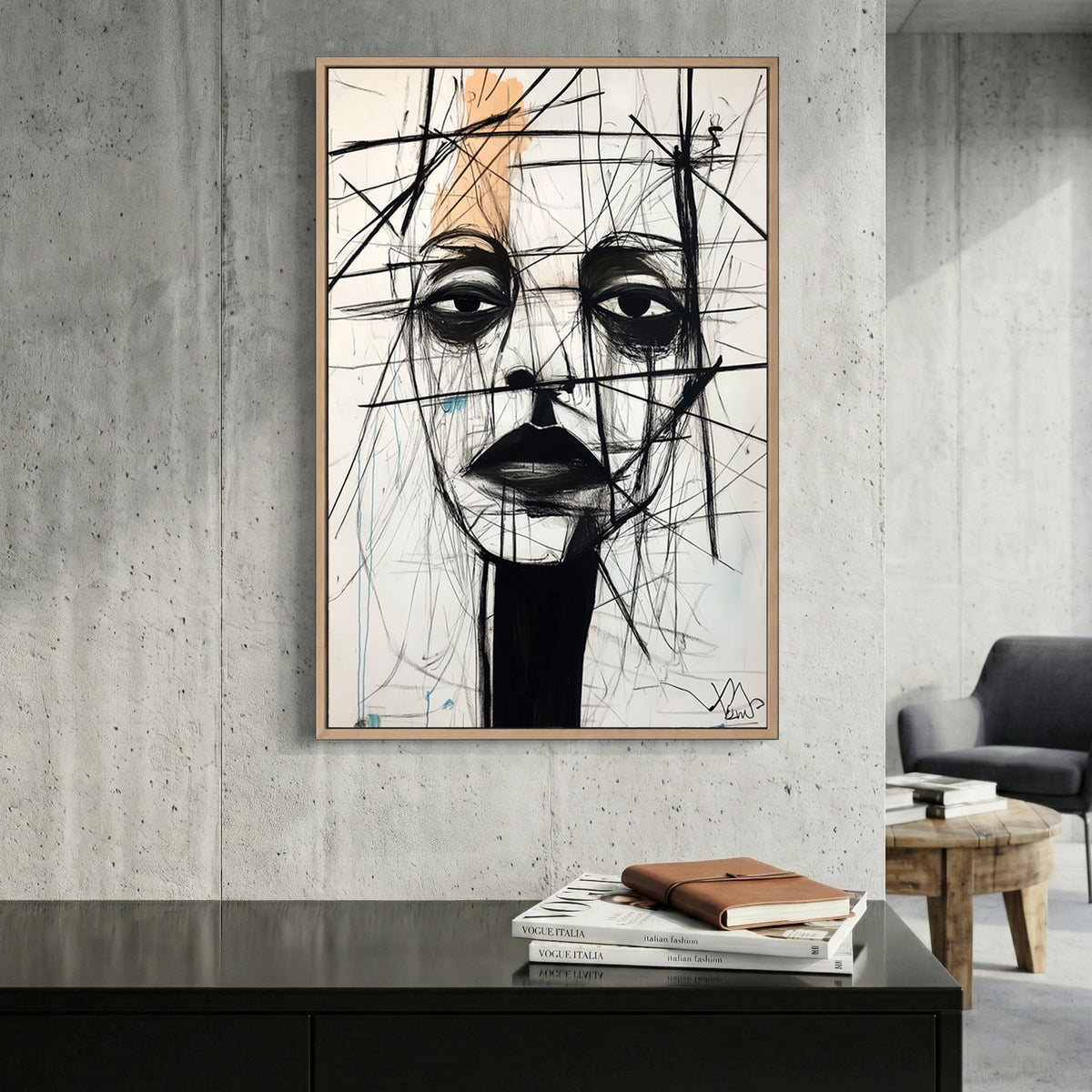 Minimalist portrait sketch with black lines and orange accents