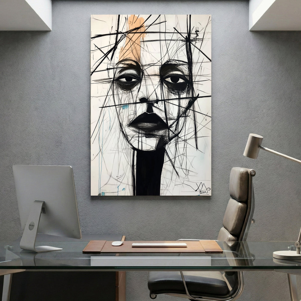 Minimalist portrait sketch with black lines and orange accents