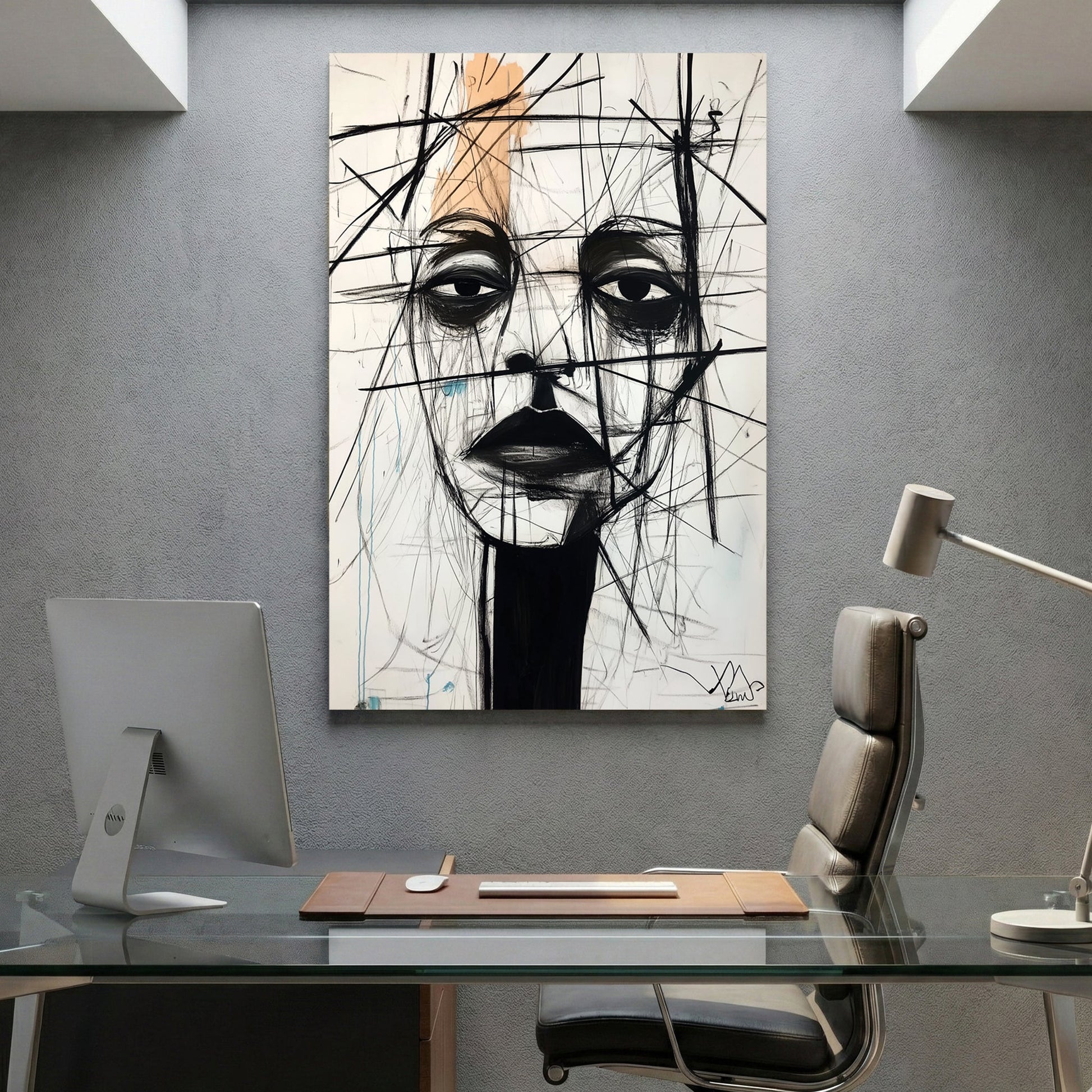 Minimalist portrait sketch with black lines and orange accents