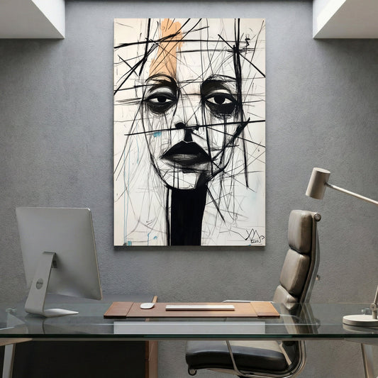 Minimalist portrait sketch with black lines and orange accents