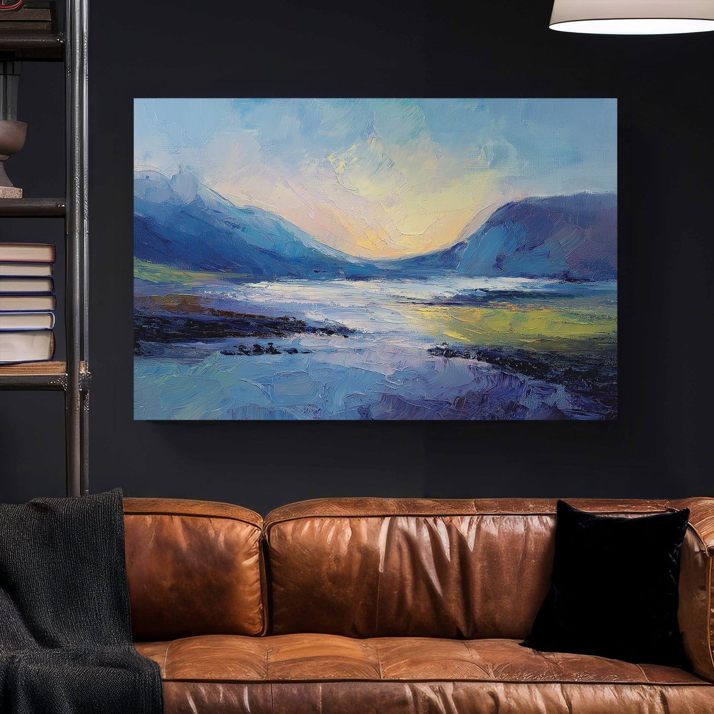 Highland landscape wall art with mountains and lake