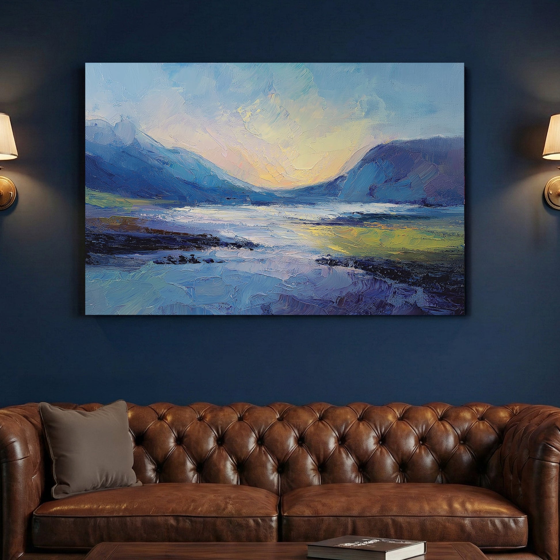 Highland landscape wall art with mountains and lake