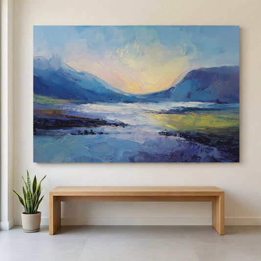 Highland landscape wall art with mountains and lake