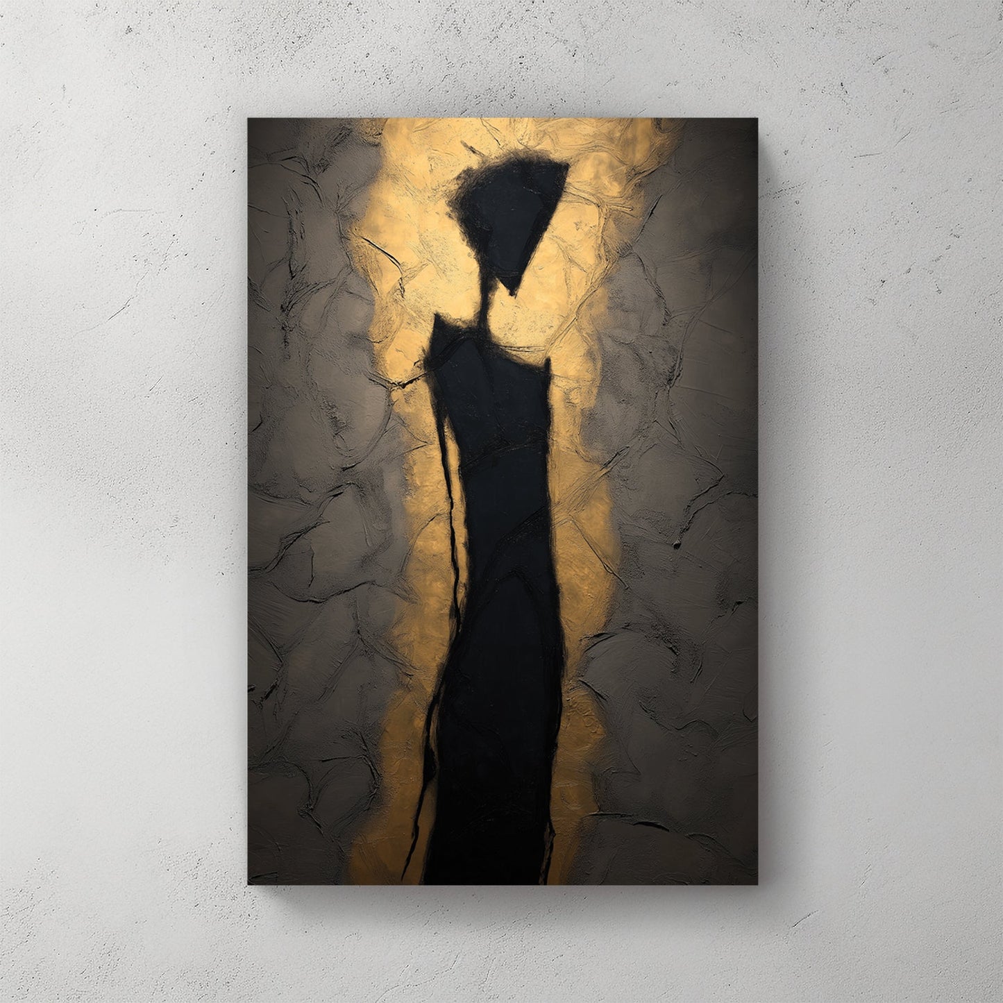 Abstract silhouette figure wall art with golden light