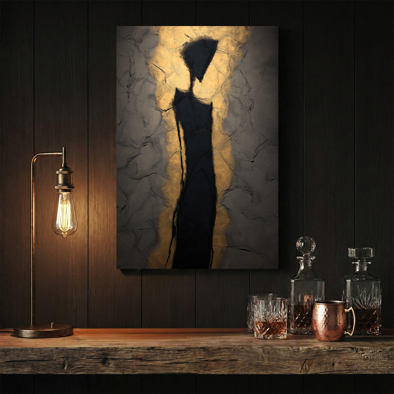 Abstract silhouette figure wall art with golden light