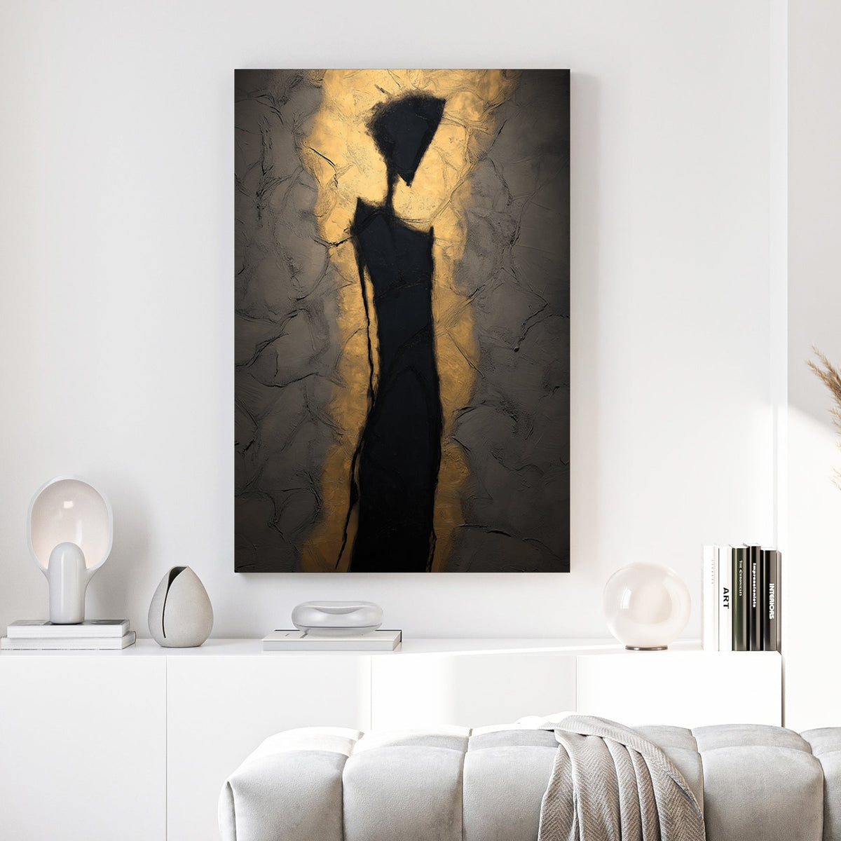 Abstract silhouette figure wall art with golden light
