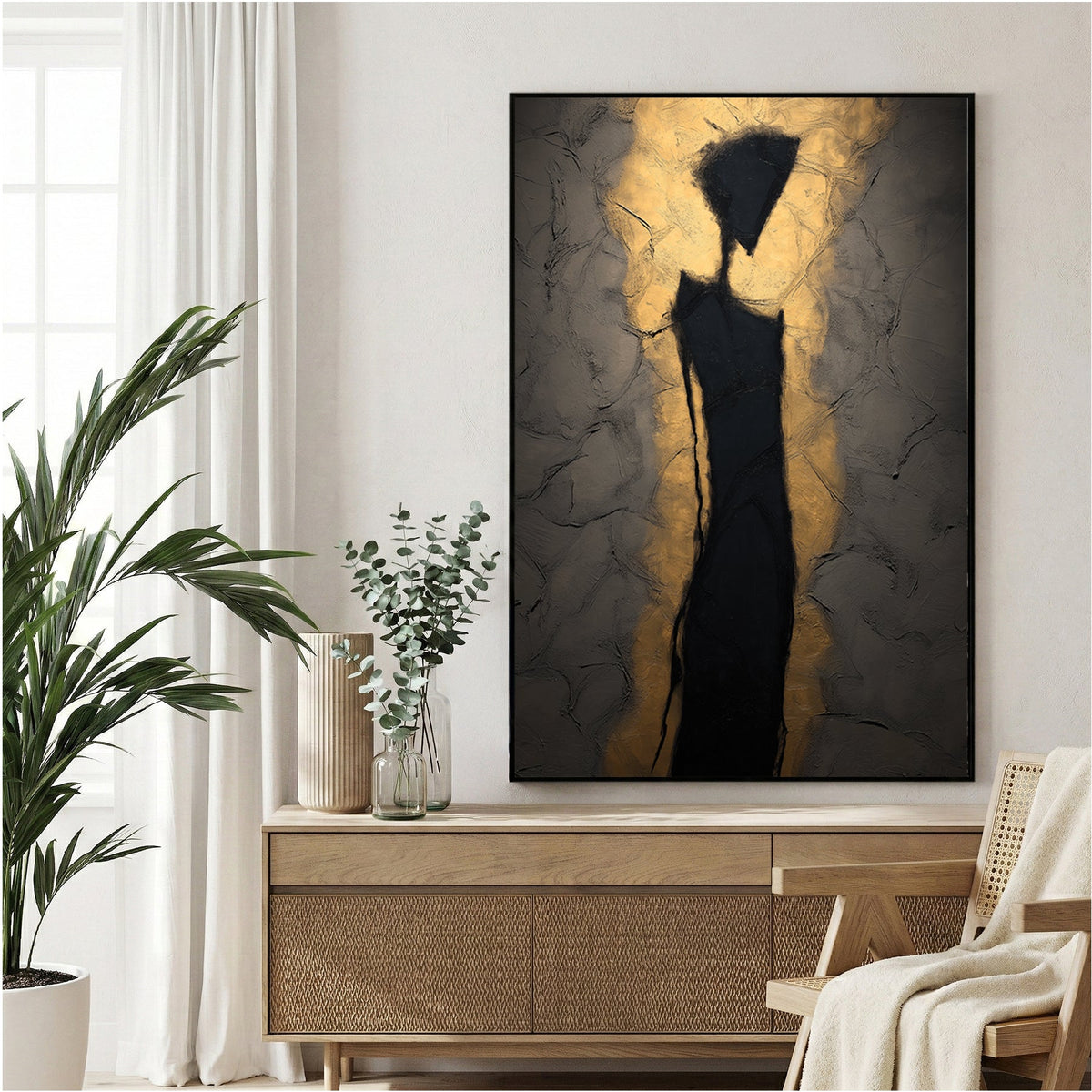 Abstract silhouette figure wall art with golden light