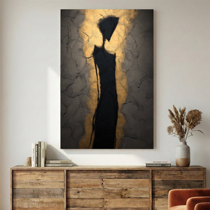 Abstract silhouette figure wall art with golden light