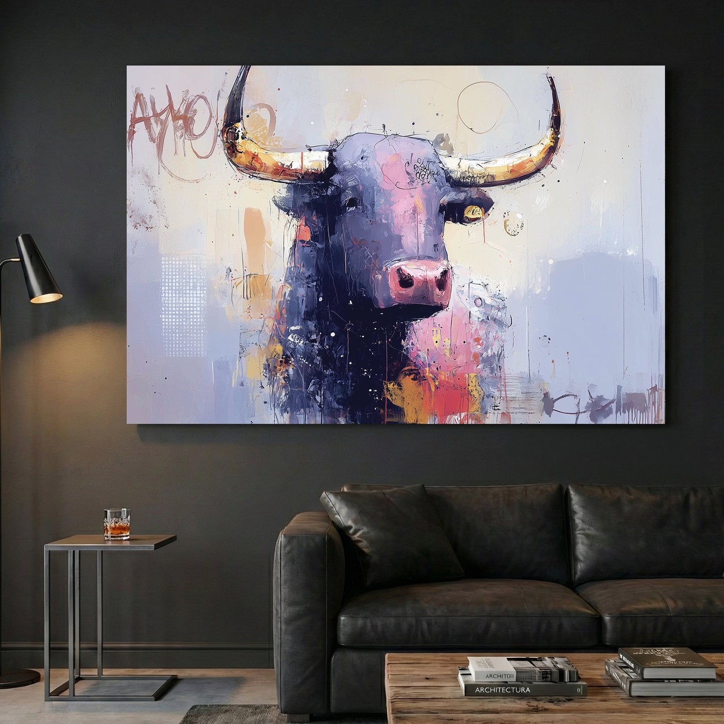 Bull street art mixed media wall art print with bold colours