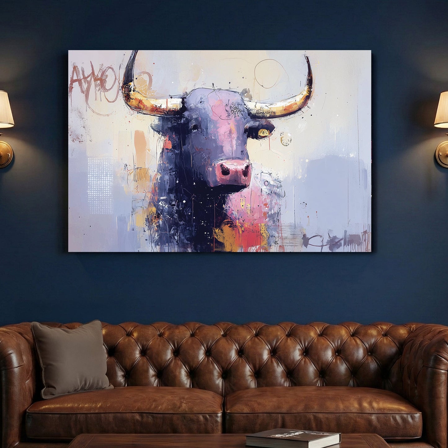 Bull street art mixed media wall art print with bold colours