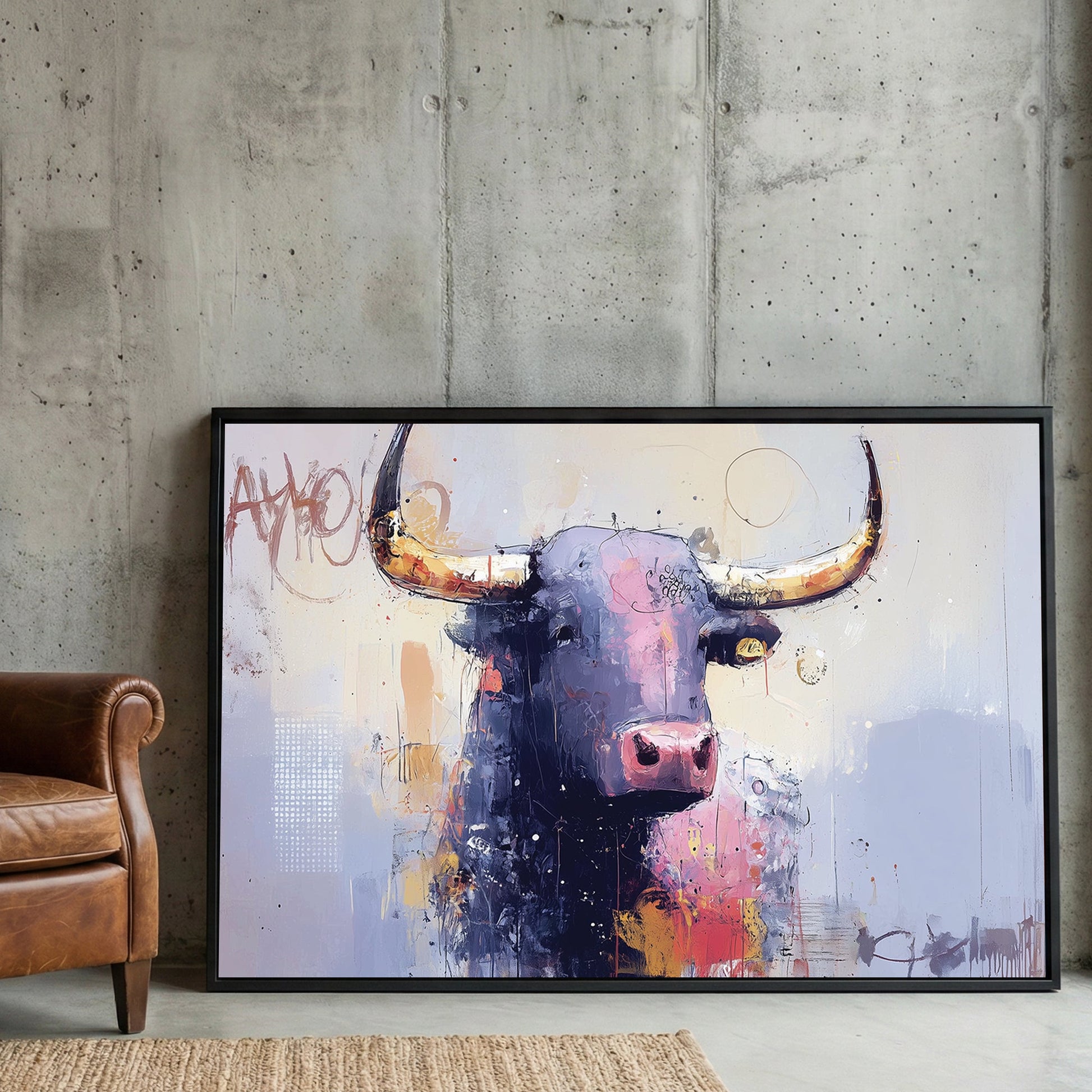 Bull street art mixed media wall art print with bold colours