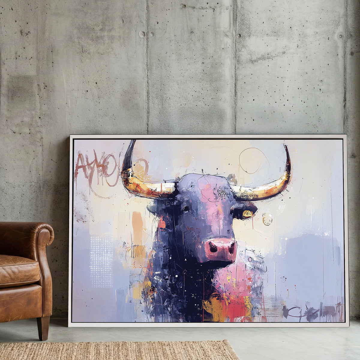 Bull street art mixed media wall art print with bold colours