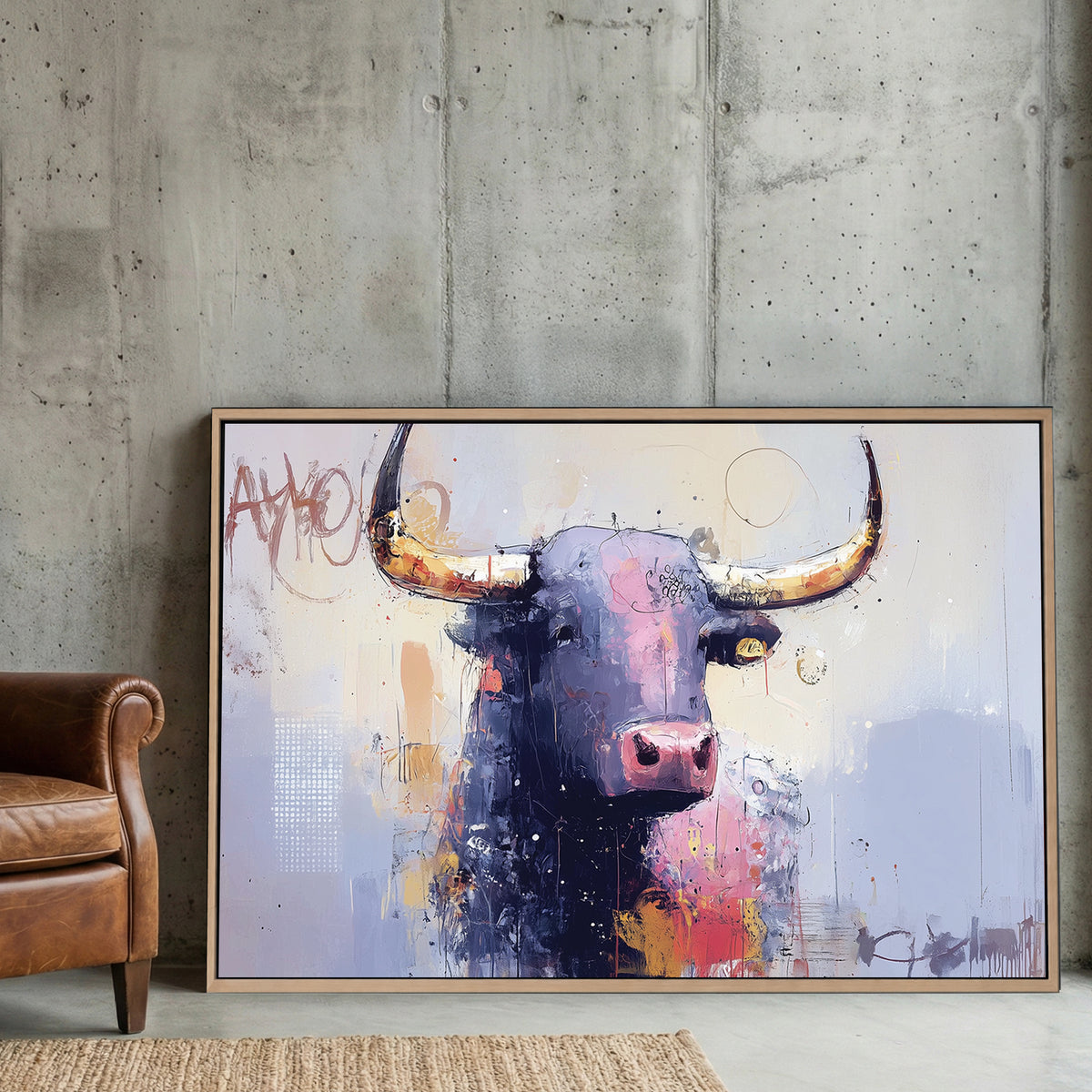 Bull street art mixed media wall art print with bold colours