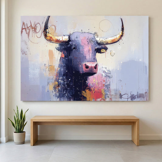 Bull street art mixed media wall art print with bold colours