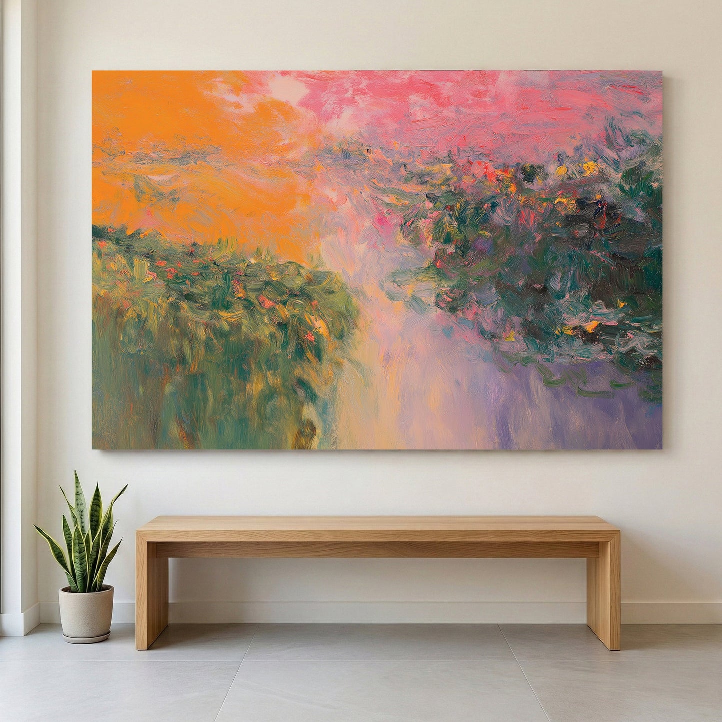 Botanical garden impressionist wall art with warm colours