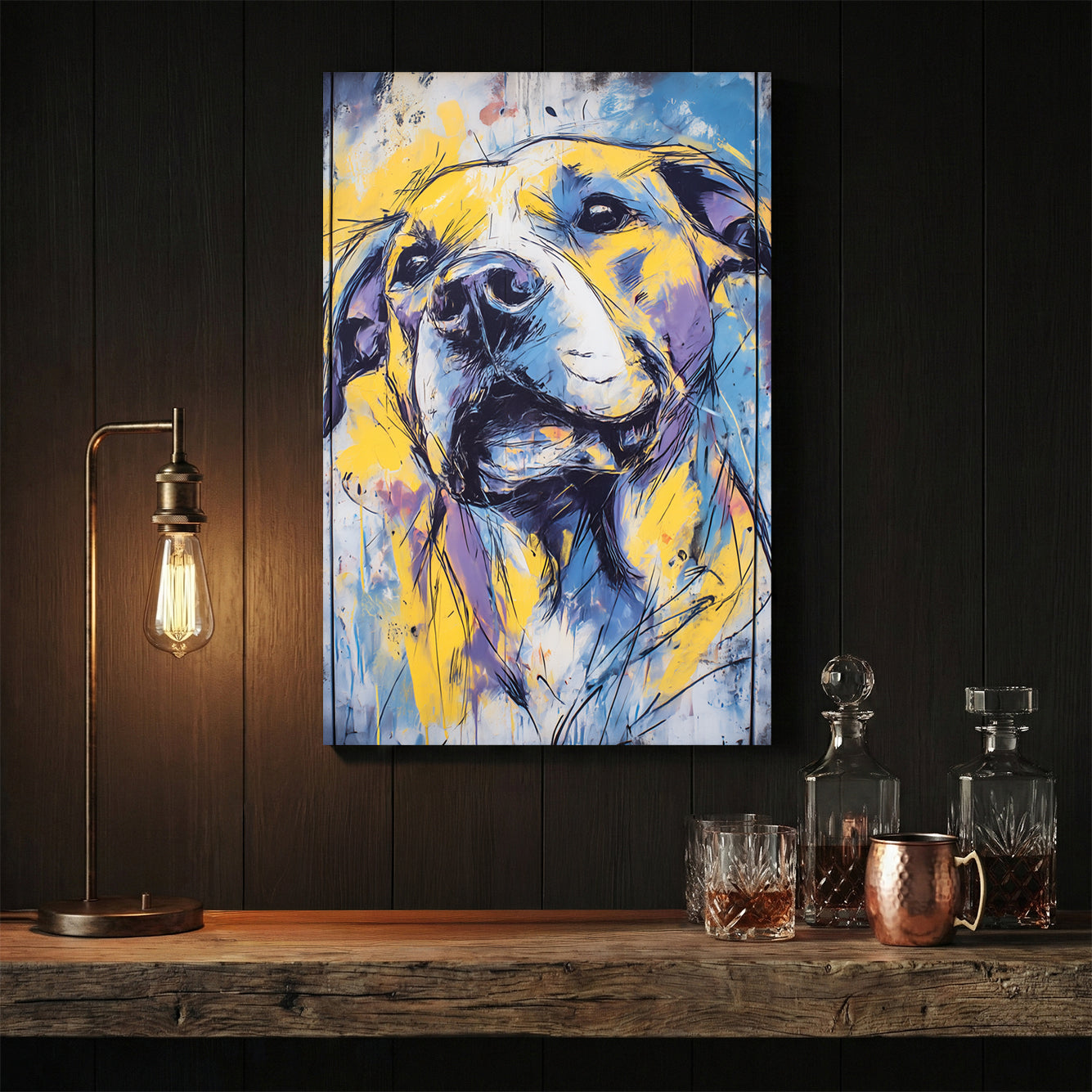 Golden retriever mixed media wall art with bold colours