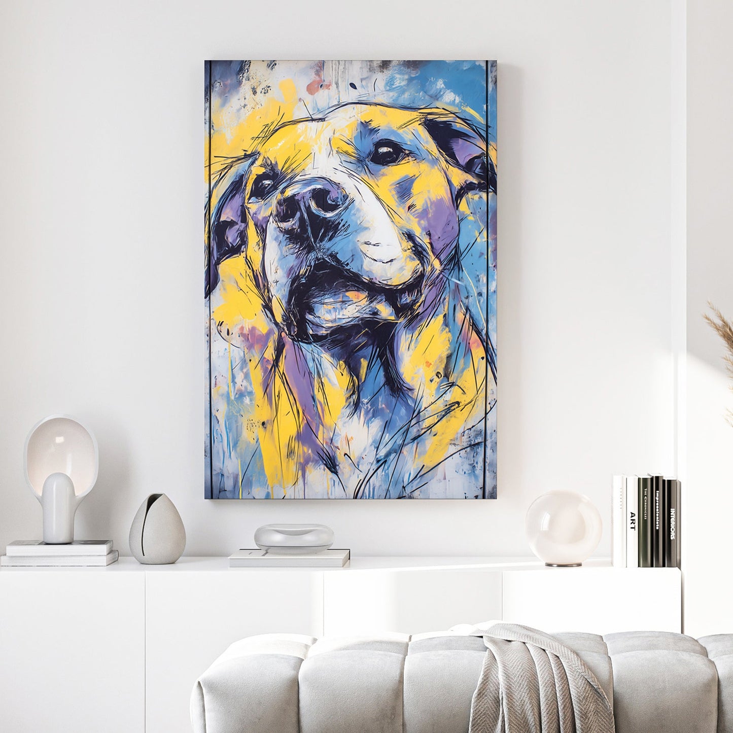 Golden retriever mixed media wall art with bold colours