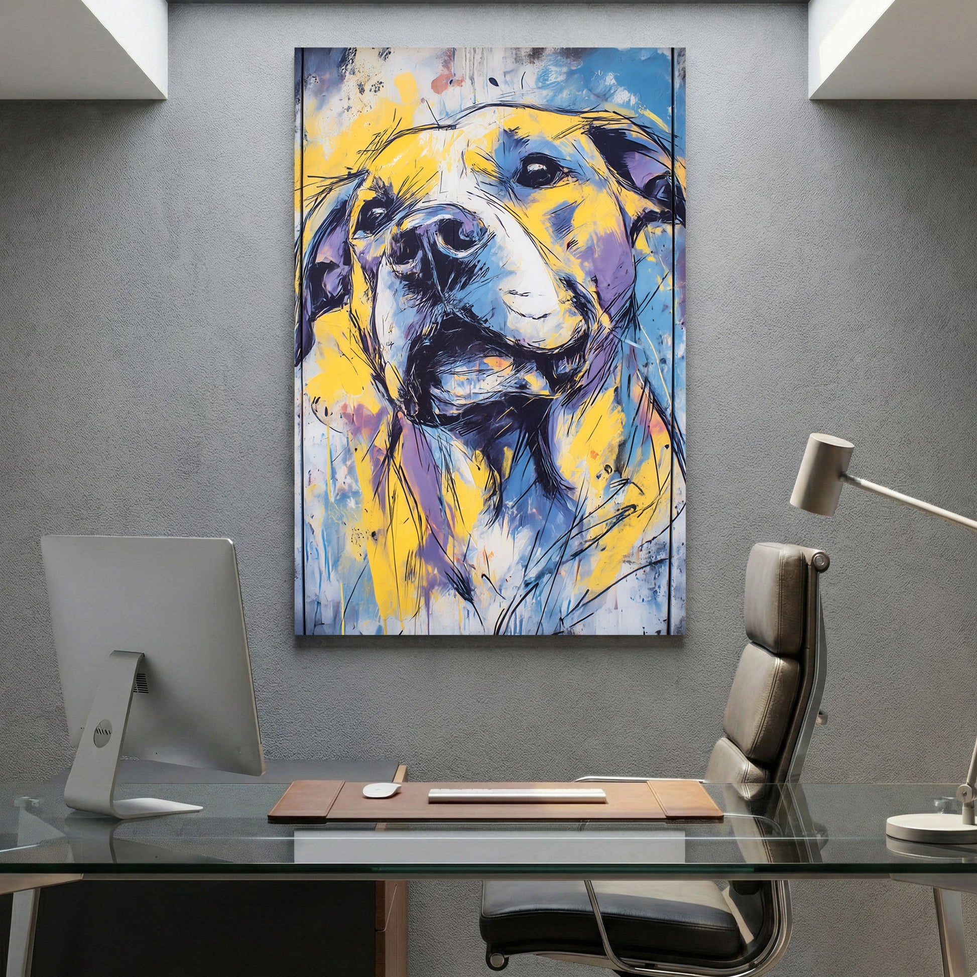Golden retriever mixed media wall art with bold colours
