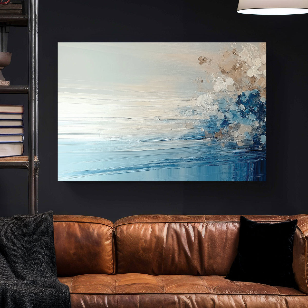 Misty lake landscape wall art with mountains and fog