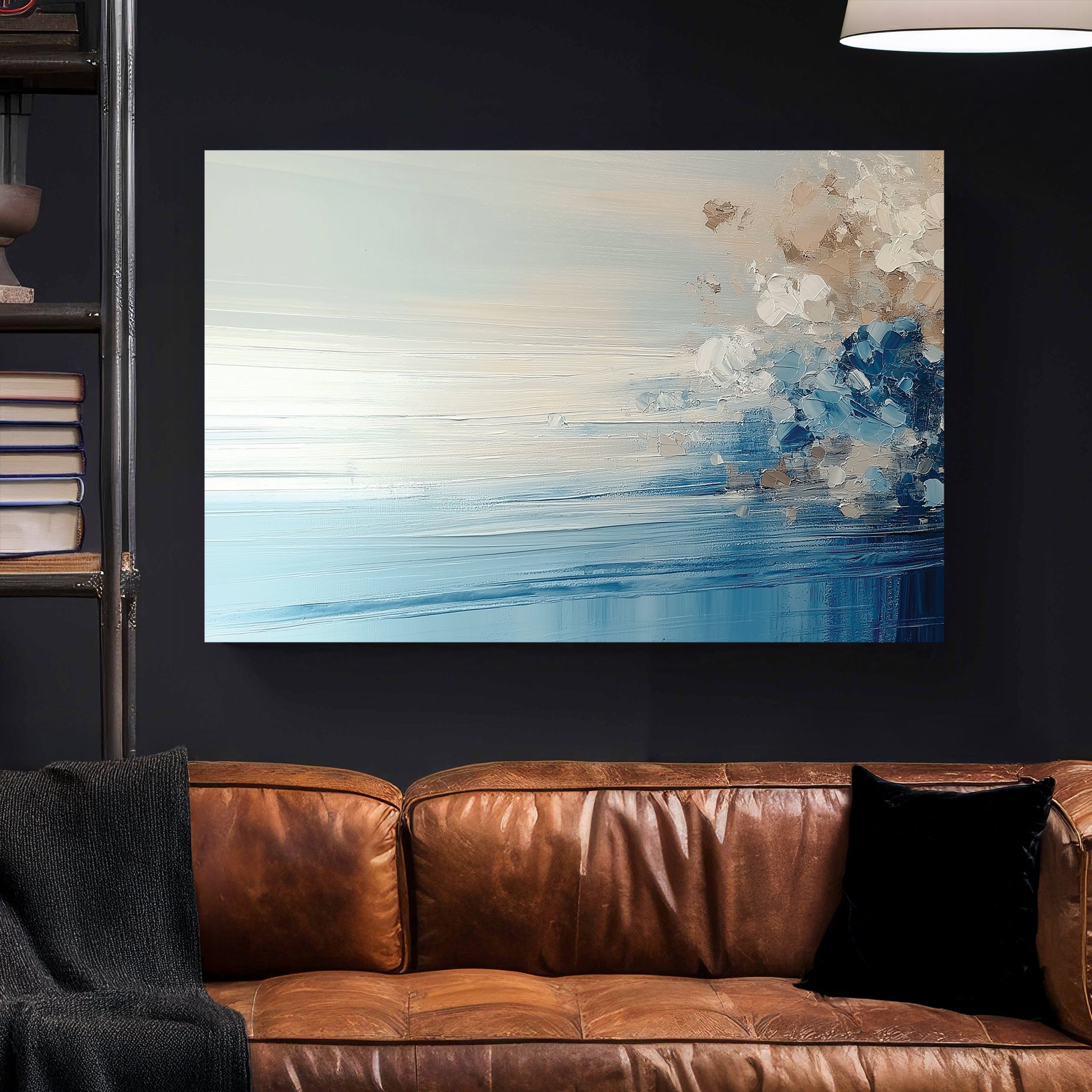 Misty lake landscape wall art with mountains and fog