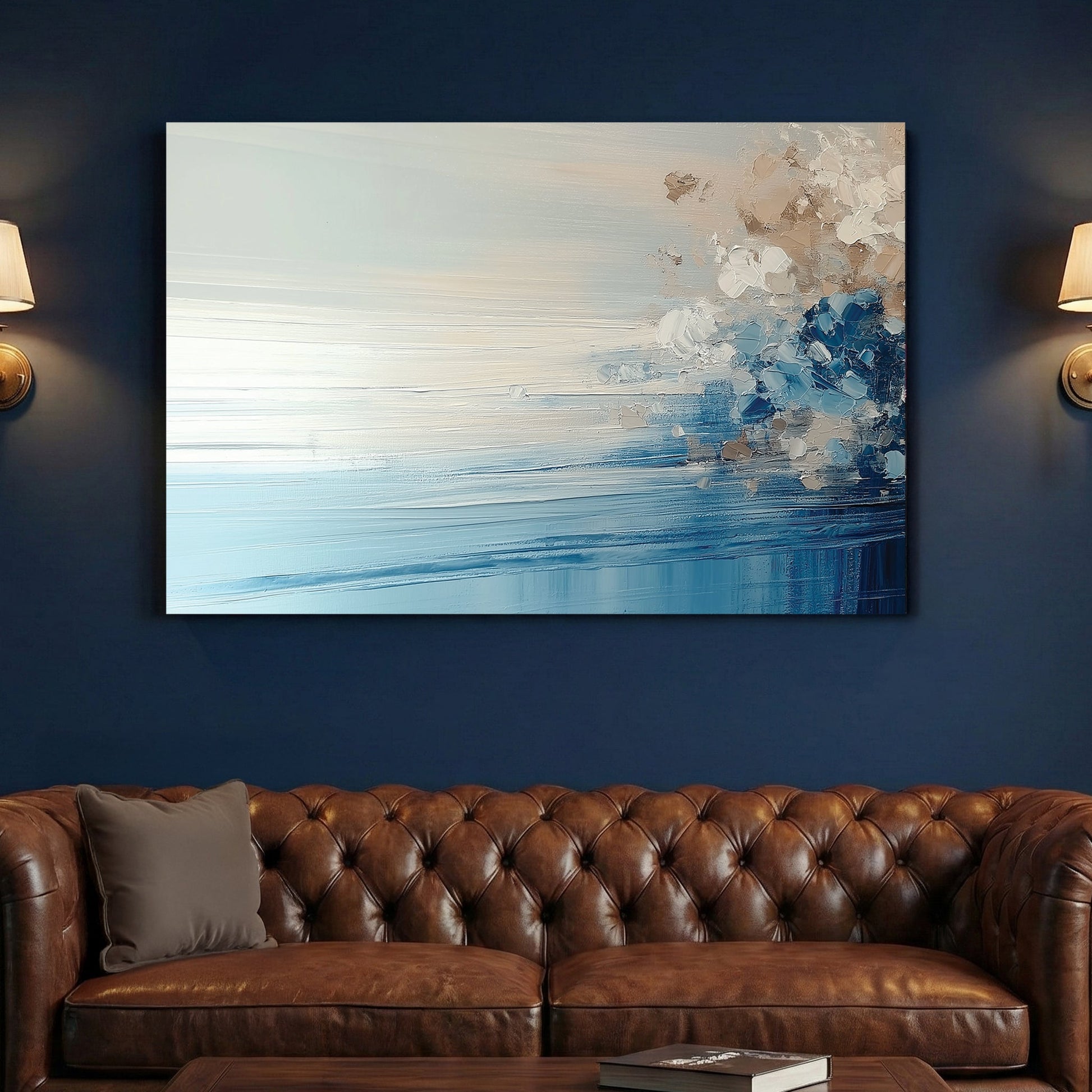 Misty lake landscape wall art with mountains and fog