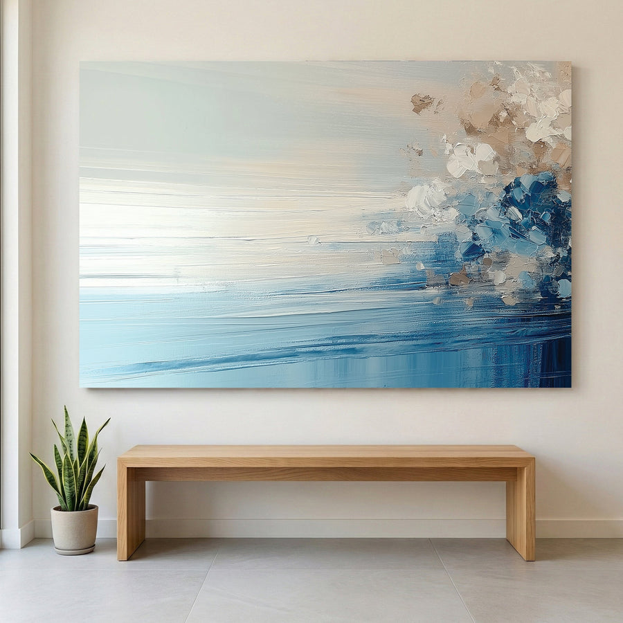 Misty lake landscape wall art with mountains and fog